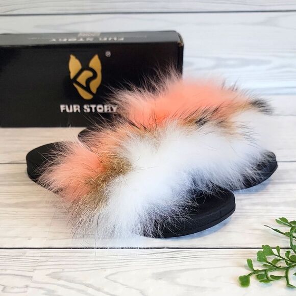 Fur Story Shoes - Fur Story Fluffy Fox Fur Slide Sandals Brown White And Pink Womens Size 9